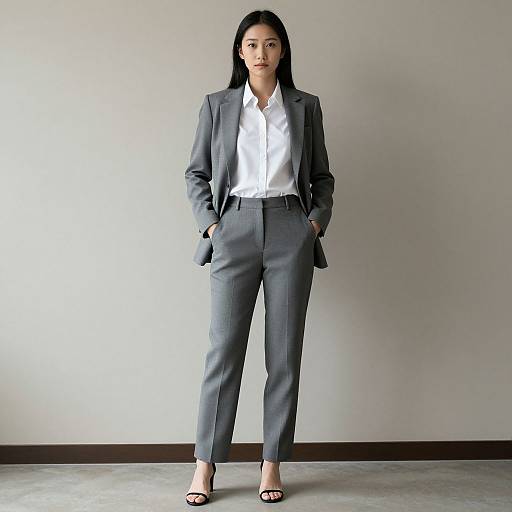 Photograph of an Asian woman with straight black hair, wearing a gray suit, white shirt, and black heels, standing against a plain light gray wall