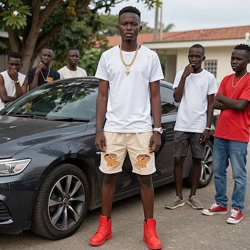 Photograph of a confident Black man in white tee, beige shorts with graphic prints, and red sneakers, standing in front of a black car, surrounded