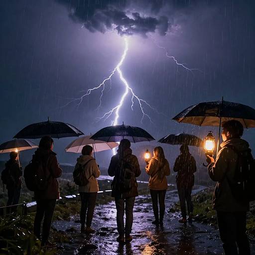 Photograph of people with umbrellas standing in rain, watching a bright lightning bolt illuminate the dark, stormy night sky.