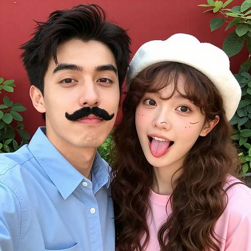 Photograph of an Asian couple with exaggerated facial features: the man has a thick mustache, the woman has a white hat, long brown hair,
