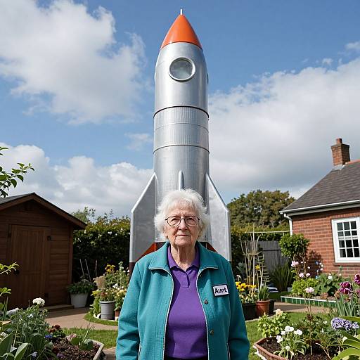 Photograph: Elderly woman with white hair, glasses, teal jacket, purple shirt, standing in front of large silver rocket sculpture in a colorful garden