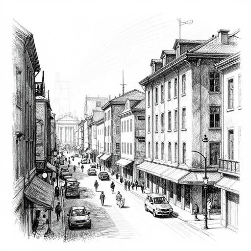 Black-and-white sketch of a bustling European street, lined with tall buildings, cars, pedestrians, and storefronts, capturing urban life.