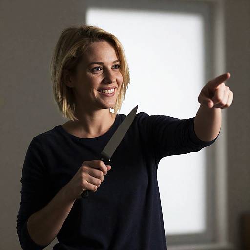 Smiling Blonde Woman with Knife