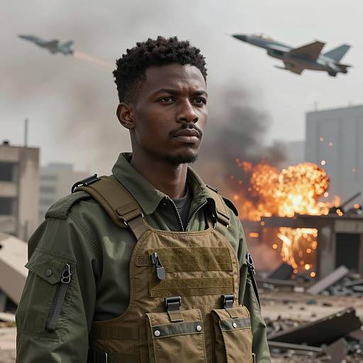 Young Black Soldier in War-Torn City