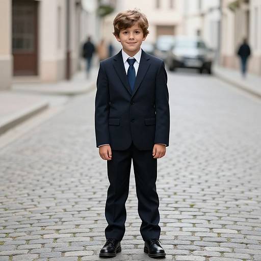 Boy in Suit on Cobblestone Street