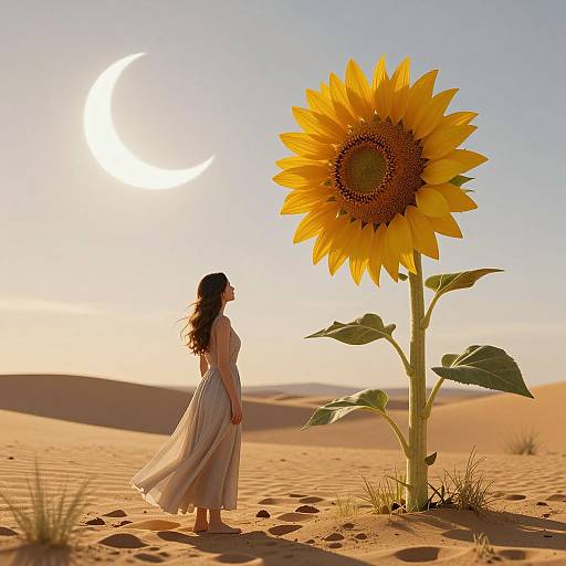 Photograph of a woman in a flowing white dress, standing in a desert, gazing at a giant sunflower under a crescent moon.