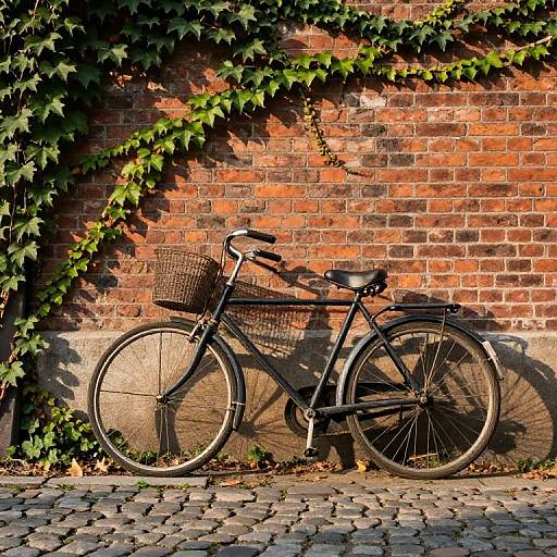 Photograph of a black vintage bicycle with a wicker basket, leaning against a sunlit brick wall with ivy, on a cobblestone street