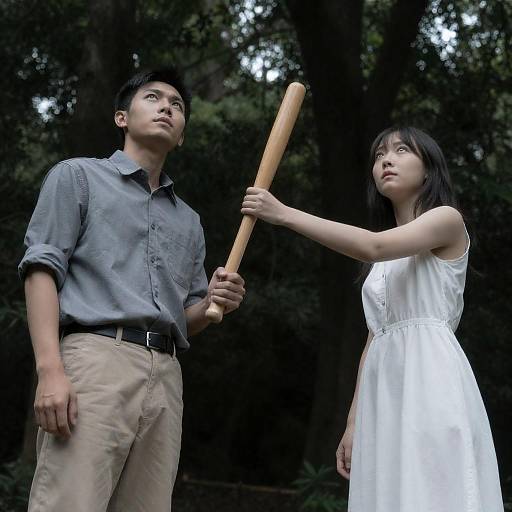 Two People in Forest with Wooden Bat