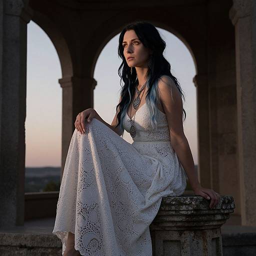 Photograph of a woman with long, wavy black and blue hair, wearing a white lace dress, sitting on a stone pillar in a sunset-l