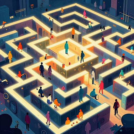 Digital illustration of a brightly lit, glowing maze with silhouetted people in colorful clothing navigating its illuminated, cube-like pathways.