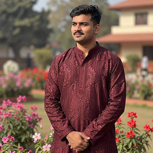 Indian Man in Maroon Traditional Kurta in Flower Garden