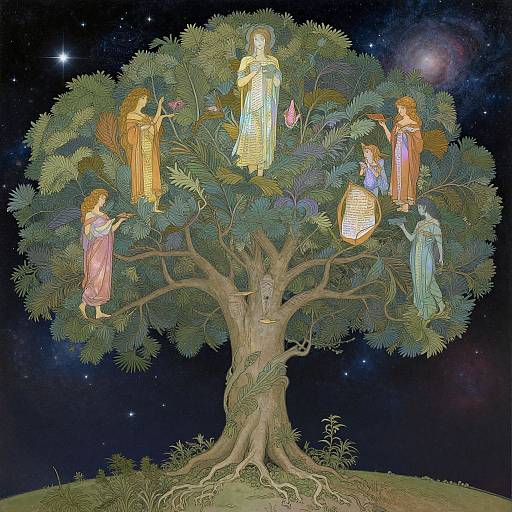 Digital illustration of a starry night tree with six angelic figures, each glowing in different colors, standing on branches adorned with flowers and leaves.