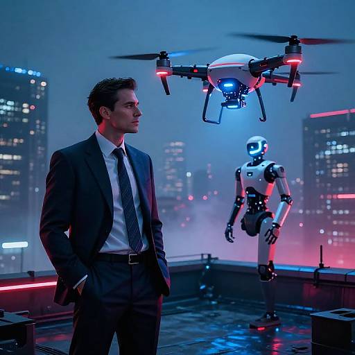 Photograph of a suited man with short dark hair, standing on a rooftop, looking at a glowing blue and red drone and a robotic figure against a