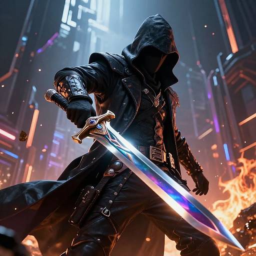 Digital art: Dark hooded warrior with glowing sword, futuristic cityscape, neon lights, and fire in the background, dramatic low-angle view.