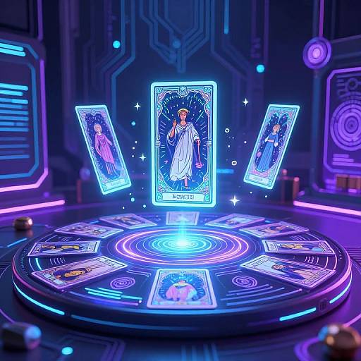 Digital art: Neon-lit, futuristic tarot circle with glowing cards featuring angels and celestial figures, surrounded by intricate blue and purple patterns.