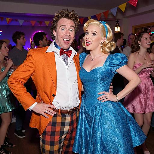 Photograph: Man in bright orange jacket, plaid pants, and bow tie, stands beside a blonde woman in a blue, puffed-slee