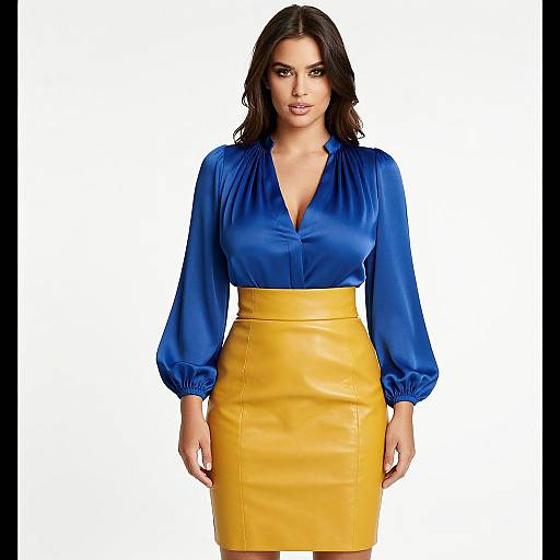 Photograph of a brunette woman with wavy hair, wearing a blue satin blouse with puffed sleeves and a high-waisted, yellow leather skirt
