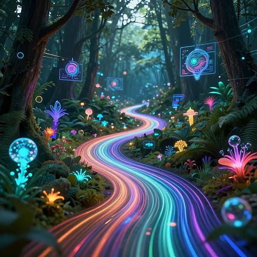 Digital artwork of a neon-lit forest path winding through glowing, colorful bioluminescent plants and mushrooms, with futuristic holograms floating above.