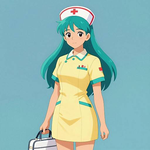 Anime-style digital drawing of a green-haired, blue-eyed nurse in a yellow uniform with red cross hat, holding a white bag, against a blue background
