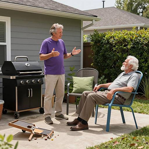Backyard Scene with Two Men and Grill