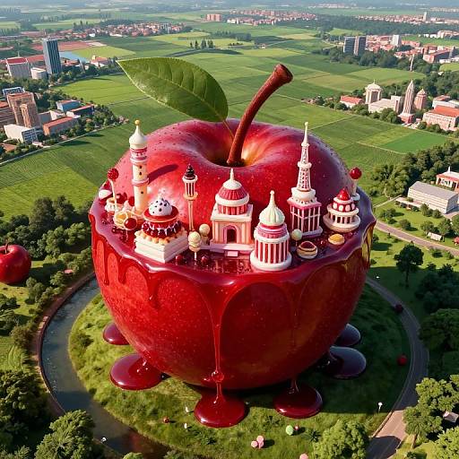 Digital artwork: Giant red apple with miniature white and red domed buildings on top, set in a lush, rural landscape with a cityscape in the