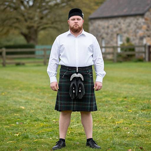 Photograph of a bearded man in a white shirt, black kilt, and black beret, standing on grass with a stone house in the