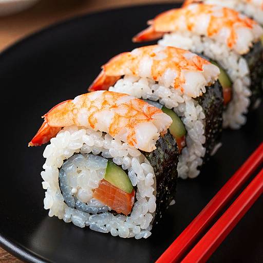 Photograph of three sushi rolls with shrimp, cucumber, and carrot, on a black plate, with red chopsticks nearby.