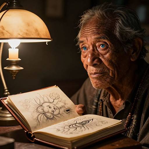 Photograph of an elderly man with weathered skin and blue eyes, illuminated by a warm lamp, drawing whimsical sketches in an open book.