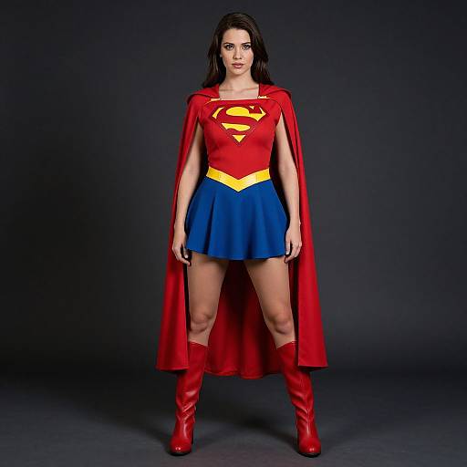 Photograph of a woman in a red Supergirl costume with blue skirt, yellow 