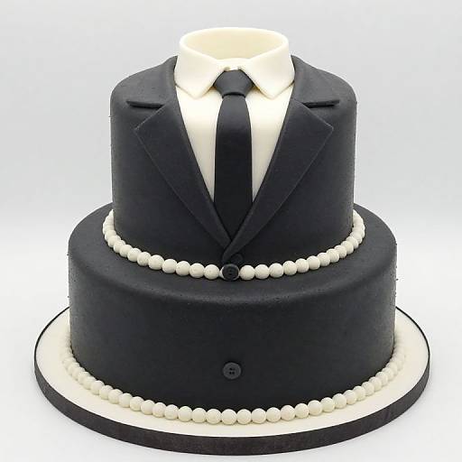 Photograph of a two-tier black fondant cake with white pearl accents, black tie, and collar, resembling a formal suit.