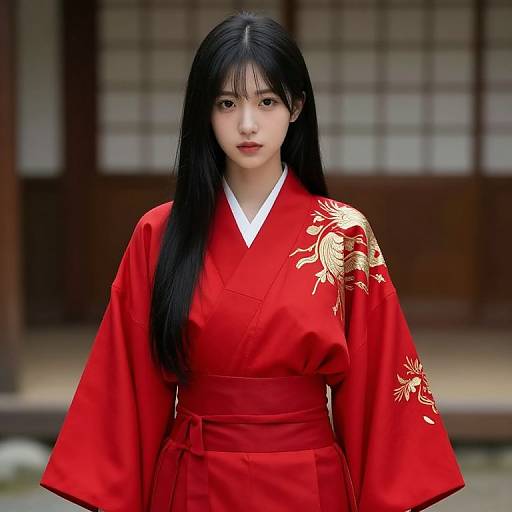 Asian Girl in Red Embroidered Kimono