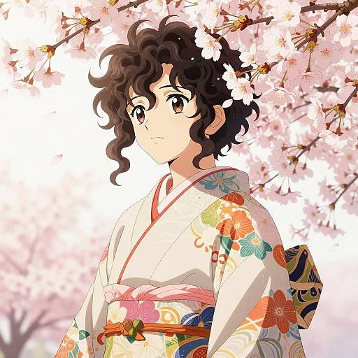 Curly-Haired Anime Under Cherry Blossoms