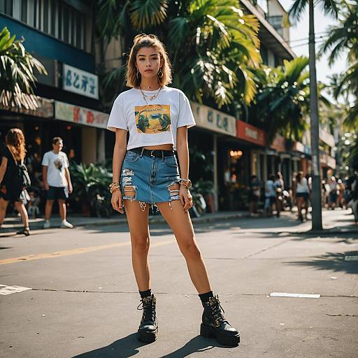 Trendy Teen Woman in Cropped Tee and Ripped Denim Skirt