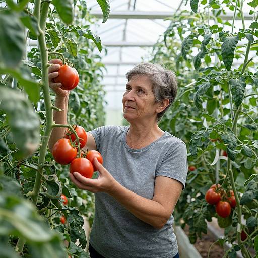 Middle-aged woman with short gray hair in gray shirt, picking red tomatoes in lush green greenhouse. Bright natural light, focused expression. Photograph.