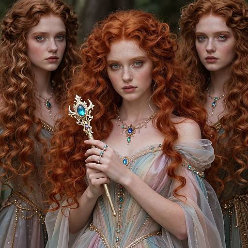 Digital painting of three red-haired fairies with long curls, wearing translucent gowns, blue gem jewelry, and holding a magical wand.