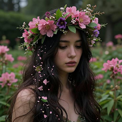 Photograph of a young woman with long, wavy black hair, wearing a pink and purple flower crown, surrounded by pink flowers in a lush garden