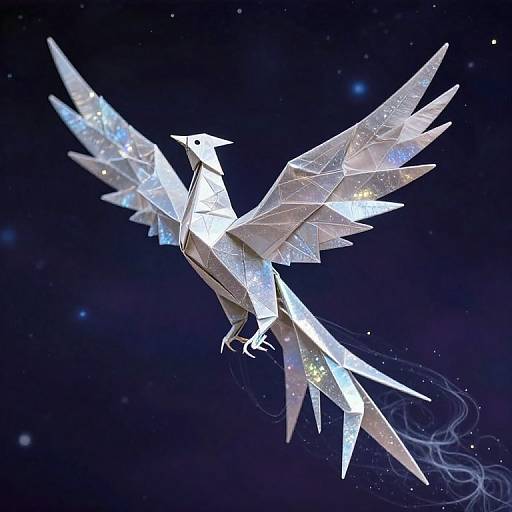 Photograph of a sparkling, silver origami bird with outstretched wings, set against a dark, starry background. The bird's intricate,