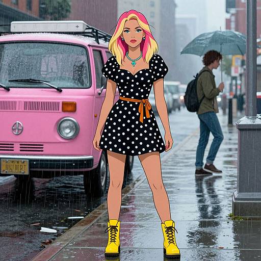Digital illustration of a blonde woman with pink highlights, wearing a black polka dot dress, orange belt, yellow boots, standing in a rainy urban street