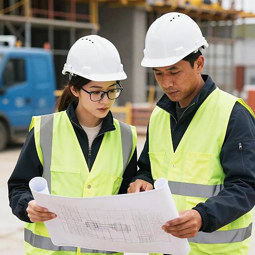 Two Construction Workers Reviewing Blueprint