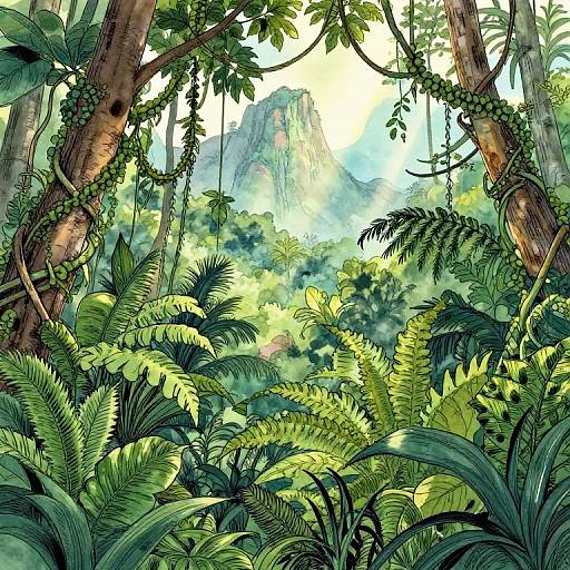 Exotic Jungle Ink and Watercolor Vista