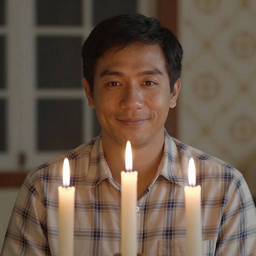 Smiling Man Holding Candles in Dim Room