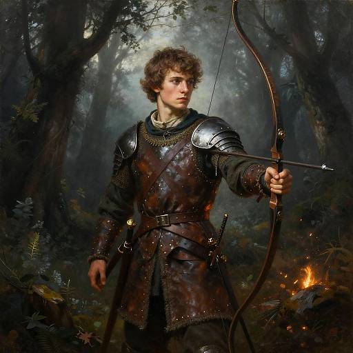 Photorealistic digital painting of a curly-haired archer in medieval armor, drawing a bow in a dark, misty forest with glowing embers.