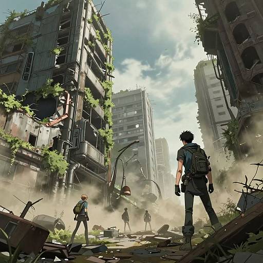 Digital artwork of a post-apocalyptic urban scene: four survivors in military gear stand amidst crumbling, overgrown buildings under a bright, cloudy sky. De