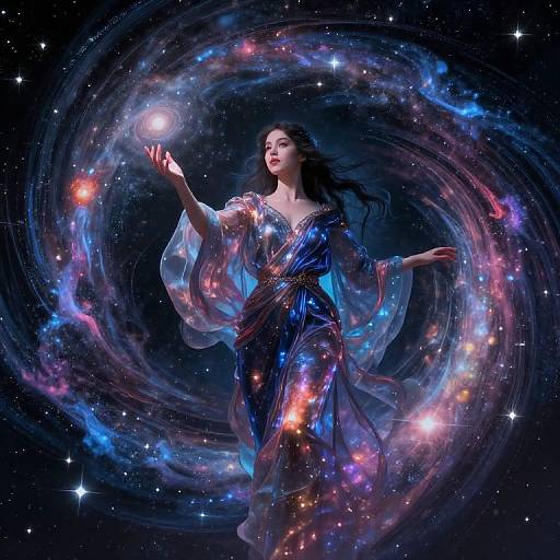 Digital artwork of a celestial woman in a shimmering, galaxy-patterned dress, holding a glowing orb, surrounded by swirling cosmic lights and stars.