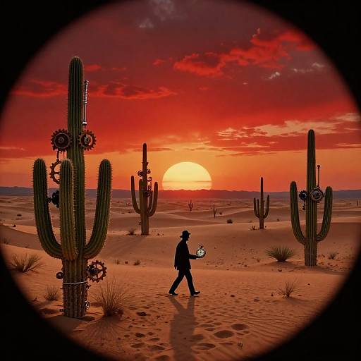 Silhouetted man in cowboy hat walks across desert, holding hat, with steampunk cacti, under vibrant red sunset, circular frame