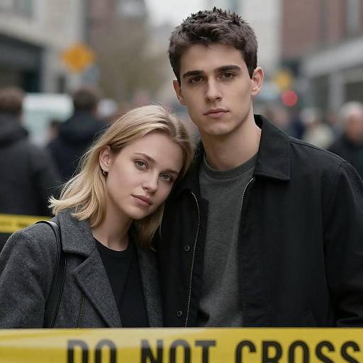 Serious Couple Near Crime Scene Tape