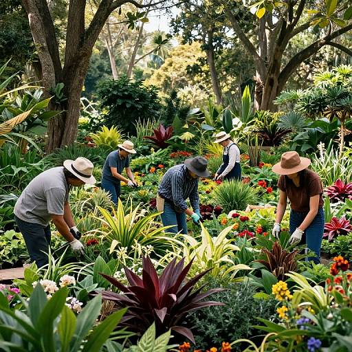 Gardeners Tending Exotic Botanical Garden