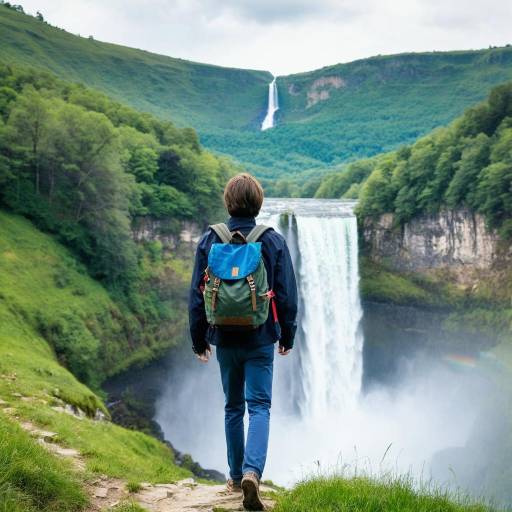 Boy Hiking Near Waterfall and Trees
