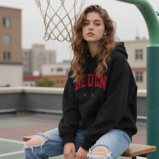 Young Woman on Rooftop Basketball Hoop