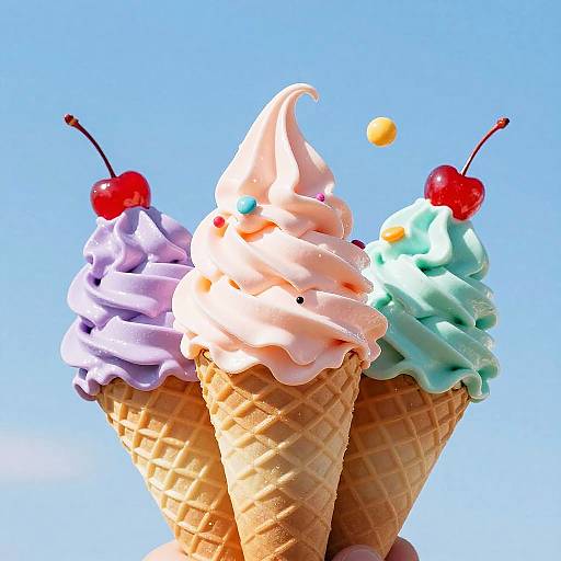 Photograph of three colorful ice cream cones with swirled pink, purple, and blue ice cream, topped with red cherries and a small yellow